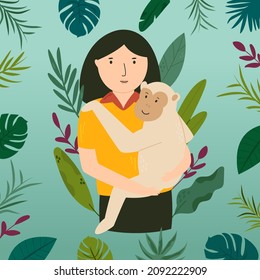 Vector Illustration Of A Biologist Keeping Cute Monkey In The Hands. Portrait Of A Young Girl And Wild Animal