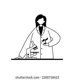Vector illustration of a biologist in a white coat studying a plant under a microscope. Professions. Outline