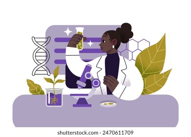 Vector illustration of a biologist woman working in her laboratory and holding a test tube. Science, plants, dna.
