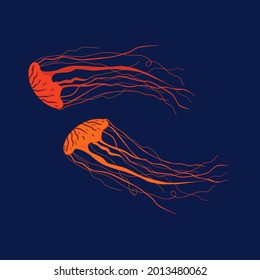 Vector illustration of a bioluminescent red jellyfish glowing in the dark of the deep ocean.