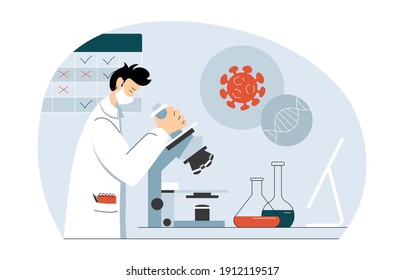 Vector illustration of biomedical engineer in lab developing coronavirus vaccine to stop pandemic. Scientist at microscope in modern biochemical laboratory researching covid cell for mass vaccination.