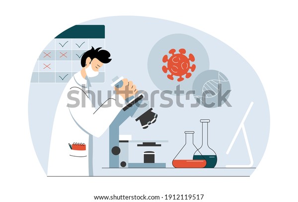 Vector illustration of biomedical engineer\
in lab developing coronavirus vaccine to stop pandemic. Scientist\
at microscope in modern biochemical laboratory researching covid\
cell for mass\
vaccination.