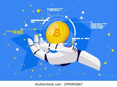 vector illustration of a bionic hand holding a gold coin of the bitcoin cryptocurrency on the palm