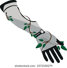 vector illustration of a bionic prosthesis of a human hand wrapped around a sprig of greenery, the meaning of the illustration is that having a prosthesis is natural and not a disadvantage