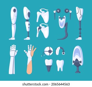 Vector illustration of bionic prosthetics. A set of human body parts.