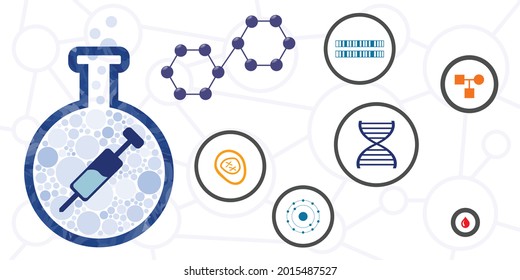 Vektorgrafik biopharmazeutischer Technologien mit Flasche und Proteinstruktur der Spritze