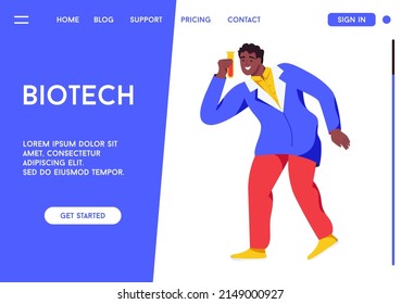 Vector illustration of biotech and science concepts. Character design. Scientist is researching, doing experiments and creating biotech products for the treatment of diseases. Chemistry, future and