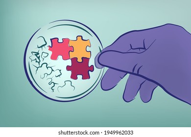 Vector Illustration Of Biotechnology, Medical Drug Development, Mold On Laboratory Glass, Abstract Idea With Puzzle In Science, Medicine