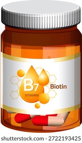 Ilustración vectorial de la botella del suplemento de la biotina con las cápsulas, la etiqueta moderna, y el diseño limpio