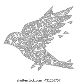Vector Illustration of a bird in abstract mosaic geometric style on white background. Flying bird silhouette. Creative illustration for home, fashion design, print, posters, coloring books. 