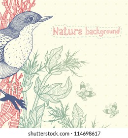 vector illustration of a bird and abstract plants