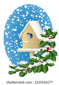 vector illustration of bird in birdhouse on snowing of winter season with holly leaves and berries for Christmas and New Year decoration background.