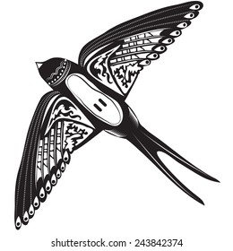 Vector illustration of a bird in black and white ornamental tattoo style