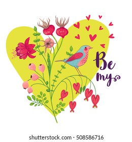 Vector illustration of a bird and a blooming branch. 