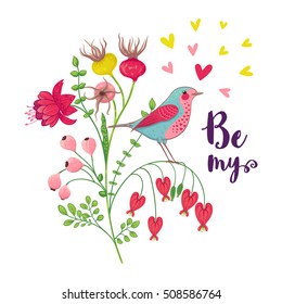 Vector illustration of a bird and a blooming branch. 
