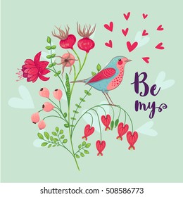 Vector illustration of a bird and a blooming branch. 