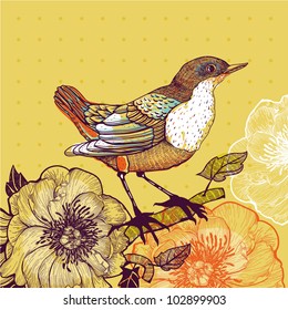 vector illustration of a bird and blooming flowers on a yellow background