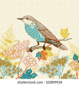 vector illustration of a bird and blooming flowers in a vintage style