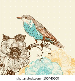 Vector Illustration Of A Bird And Blooming Flowers In A Vintage Style