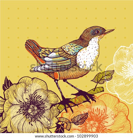 vector illustration of a bird and blooming flowers on a yellow background