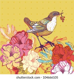 vector illustration of a bird and blooming roses