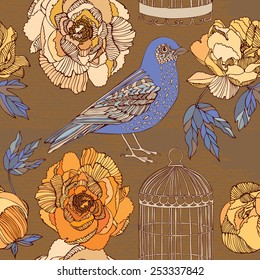 vector illustration of a bird and blooming roses