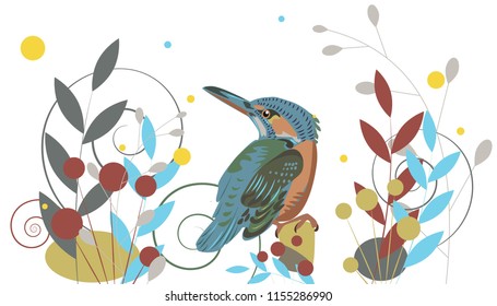 Vector illustration. A bird of blue color in the vegetation. Suitable for print on fabric, decoration, illustrations.