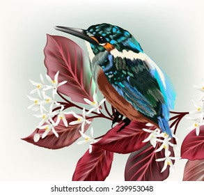 Vector illustration with bird and branch with flowers
