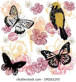 Vector illustration of a bird with butterflies,roses and daffodils vector made from original drawing