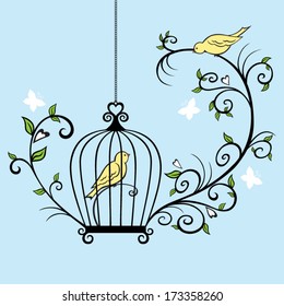 Vector illustration of a bird in a cage