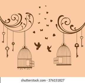 Vector Illustration Of A Bird Cage Open With Dove