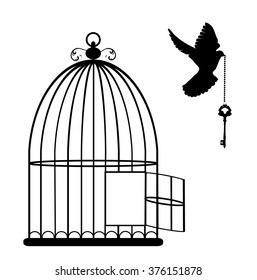 vector illustration bird cage open and dove