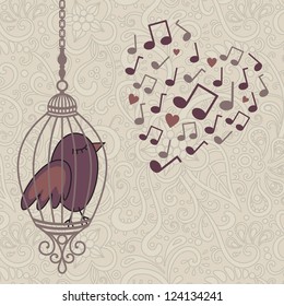 vector illustration of bird in a cage singing a love song