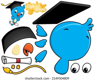Vector illustration of bird cartoon wearing graduation hat carrying diploma. Cutout and gluing