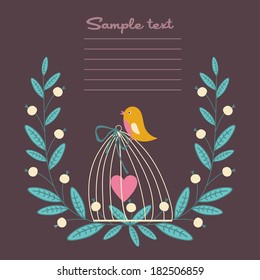 vector illustration of a bird , cells and flowers. Card for Valentine day in retro style