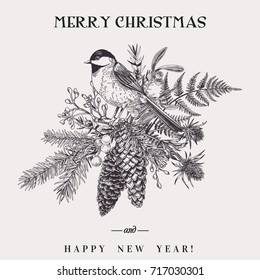 Vector illustration with a bird and a Christmas bouquet. Botany. Fern, spruce, cone, juniper, thistle, mistletoe, snowberry and titmouse. Vintage style. Engraving. Black and white.
