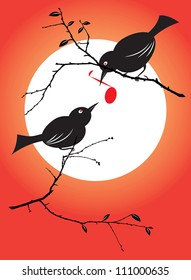 vector illustration of a bird couple feeding each other with a musical symbol. all elements are on separate layers for easy editing.