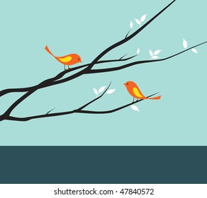 Vector illustration of a bird couple on branches. Clipping mask is used on this image. To edit image, click on object then go OBJECT > CLIPPING MASK > RELEASE or EDIT CONTENTS