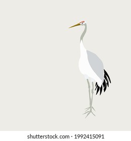 Vector illustration of a bird. A crane stands on two legs on a beige background with a copy of the space. Close-up
