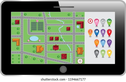 Vector illustration, Bird eye view city map. Streets, houses, buildings, road, park, trees, compass, tennis court, transportation, signs, navigation. Tablet, PC, mobile phone.