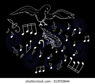 Vector illustration with the bird, feathers and musical notes