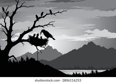 Vector illustration of a bird feeding its chicks in a nest on a dry tree branch with a beautiful mountain landscape silhouette, forest, lake, and dramatic cloudy sky in monochrome style.