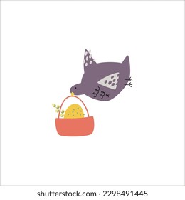 
Vector illustration. The bird flies with a basket in its beak. In the basket are Easter eggs and a willow branch. The illustration can be printed without changes or edited in the editor. For printing