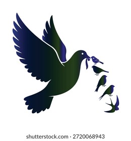 Una Ilustración vectorial de un pájaro volando alimentando a sus tres polluelos, representados en tonos azules y verdes, aislados sobre fondo blanco con líneas audaces