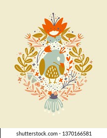 Vector illustration - bird with flowers and herbs, leaves, brunches