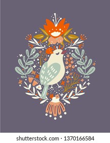 Vector illustration - bird with flowers and herbs, leaves, brunches