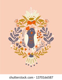 Vector illustration - bird with flowers and herbs, leaves, brunches