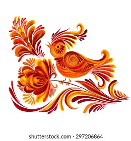 
vector illustration bird with flowers, Ukrainian traditional painting Petrikovskaya