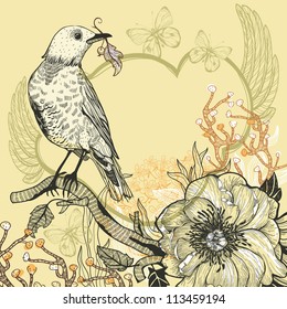 vector  illustration of a bird, forest plants  and a  wild rose