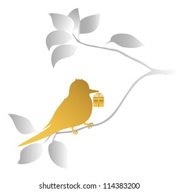 vector illustration of a bird and gift on branch